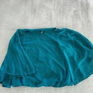 Alfani Women's Round Neck Elastic Bottom Long Sleeve Blouse Teal Size 14 Petite